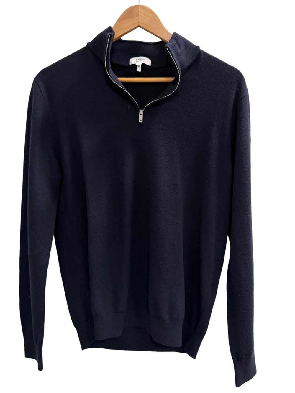 REISS Blackhall 100% Merino Wool Quarter Zip Sweater Navy Blue Size Large